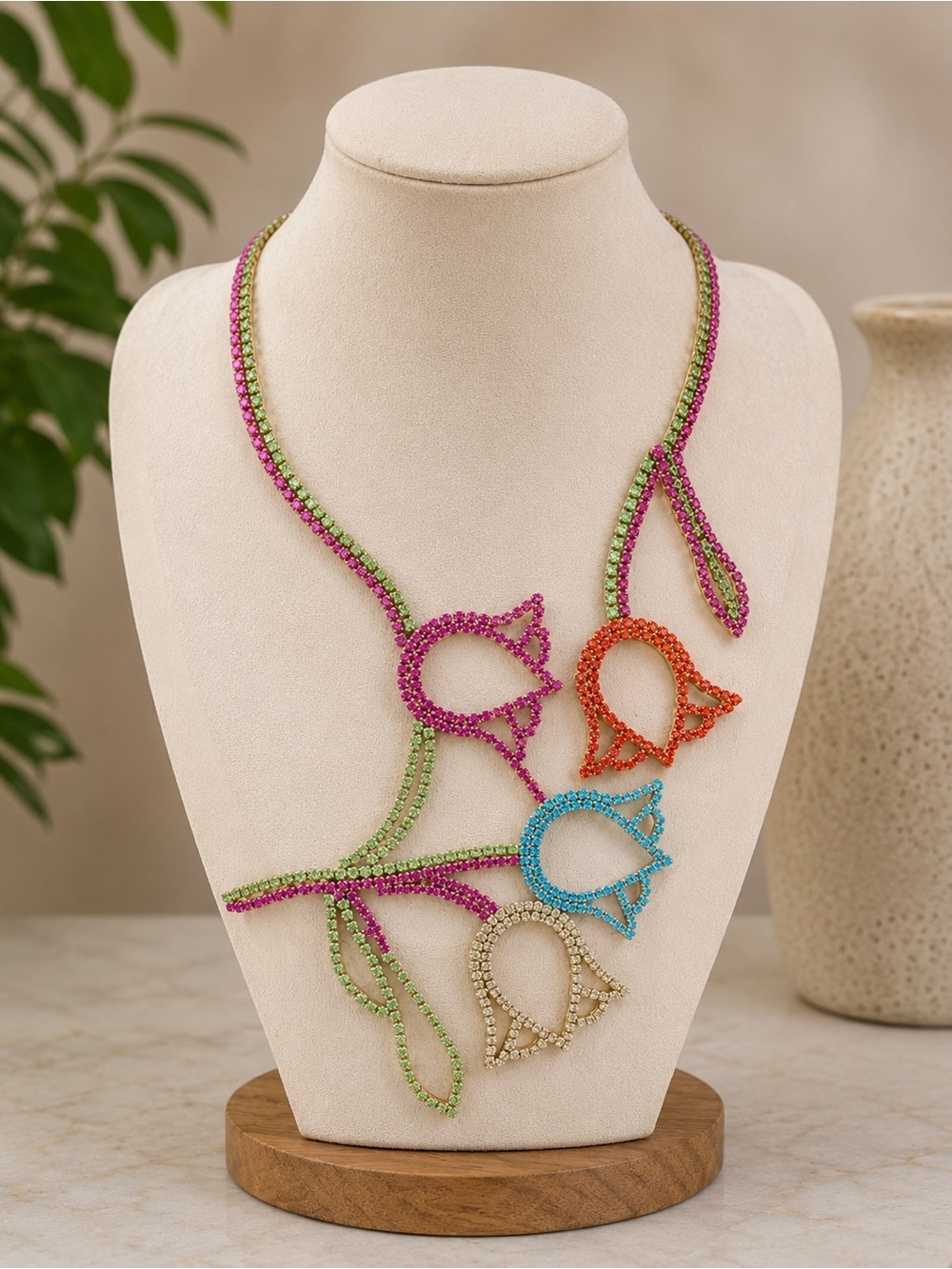 Natasha Couture NWT Pink Green Blue Orange Crystal Floral Rhinestone Necklace